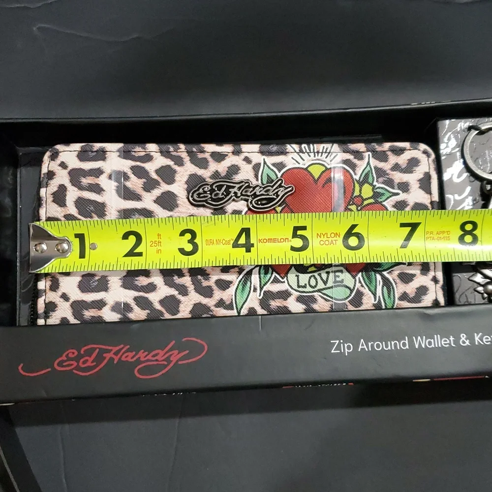 Ed Hardy y2k Cheetah zip around wallet gunmetal rose monogrammed keyring set new